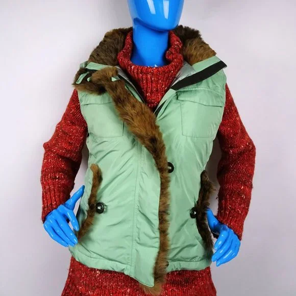 Solstice Green Insulated Vest Womens M 8 10 Faux Fur Trim Hooded Waterproof Ski - Picture 3 of 8